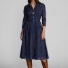 Marineblaues Ralph Lauren Indigo-Baumwoll-Voilekleid für Damen