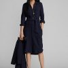Marineblaues Ralph Lauren Kleid aus Wolle und Baumwolle mit Gürtel für Damen