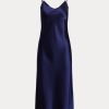 Marineblaues Ralph Lauren Midi-Unterkleid aus Maulbeerseide für Damen