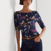 Mehrfarbige Ralph Lauren T-Shirts aus Stretch-Baumwolle mit U-Boot-Ausschnitt und Blumenmuster für Damen