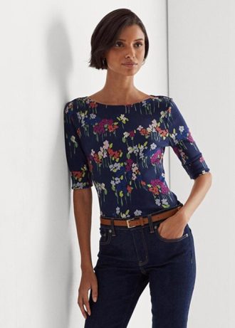 Mehrfarbige Ralph Lauren T-Shirts aus Stretch-Baumwolle mit U-Boot-Ausschnitt und Blumenmuster für Damen