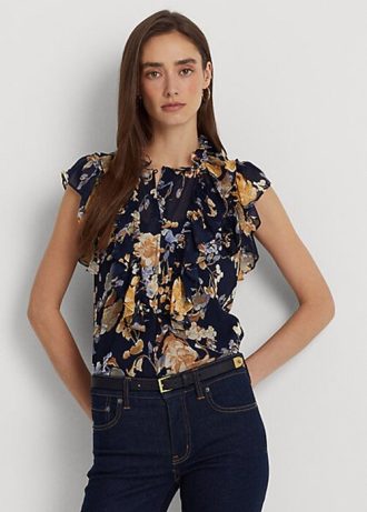 Mehrfarbige ärmellose Georgette-Hemden von Ralph Lauren mit Blumenmuster für Damen