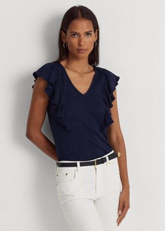 Navy Damen Ralph Lauren T-Shirts mit Rüschenbesatz und Rippstrick