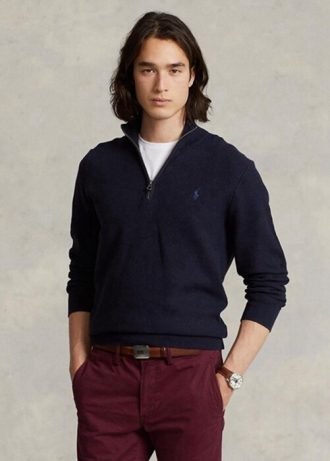 Navyblaue Ralph Lauren Pullover aus Baumwolle mit Viertelreißverschluss und Netzstrick für Herren