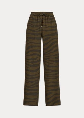 Olivgrüne Crêpe-Hose mit weitem Bein und Zebra-Print von Ralph Lauren für Damen