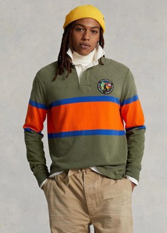 Olivgrüne gestreifte Rugby-Poloshirts von Ralph Lauren im Classic Fit für Herren