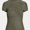 Olivgrüne, kurzärmlige Pullover aus lackierter Seide von Ralph Lauren für Damen