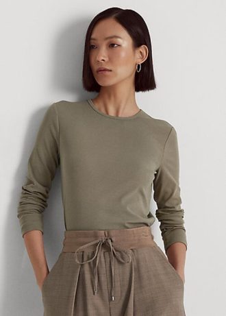 Olivgrüne Langarmshirts aus Baumwollmischung für Damen von Ralph Lauren