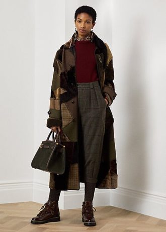 Olivgrüne Ralph Lauren Harmon Patchwork-Shearling-Mäntel für Damen