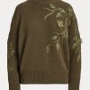 Olivgrüne Ralph Lauren Kaschmirpullover mit Rundhalsausschnitt und Verzierung für Damen