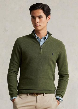 Olivgrüne Ralph Lauren Pullover aus Baumwolle mit Viertelreißverschluss und Netzstrick für Herren