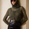 Olivgrüne Ralph Lauren Trichterhalspullover aus Seiden-Leinen-Mesh für Damen