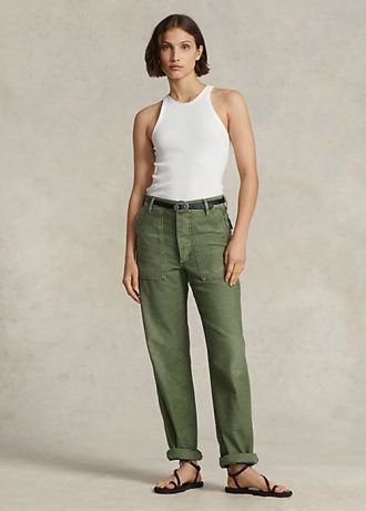 Olivgrüne Utility-Hose aus Baumwollsatin für Damen von Ralph Lauren