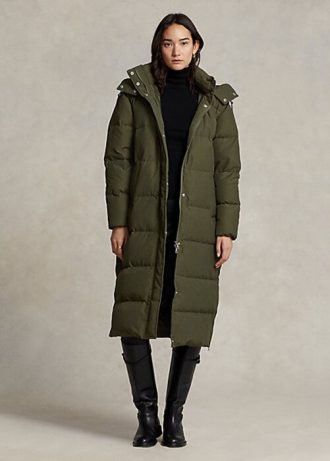 Olivgrüne, wasserabweisende lange Daunenmäntel von Ralph Lauren für Damen