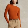 Orange Damen Ralph Lauren Gerippte Langarm-T-Shirts mit Wildlederbesatz