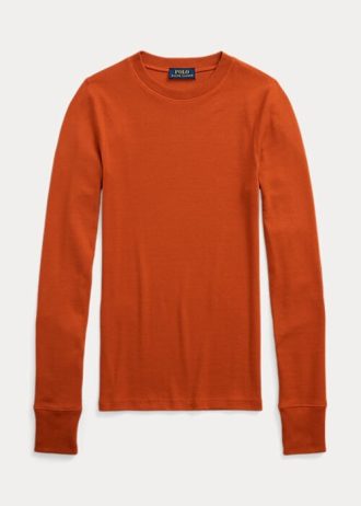 Orange Damen Ralph Lauren Gerippte Langarm-T-Shirts mit Wildlederbesatz