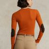 Orange Damen Ralph Lauren Gerippte Langarm-T-Shirts mit Wildlederbesatz
