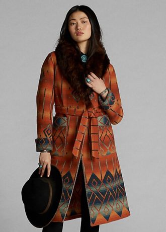 Orange Ralph Lauren Jacquard-Mäntel mit Shearling-Kragen für Damen