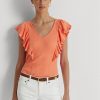 Orange Ralph Lauren T-Shirts aus Rippstrick mit Rüschenbesatz für Damen