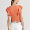 Orange Ralph Lauren T-Shirts aus Rippstrick mit Rüschenbesatz für Damen