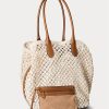 Parchment Cream Damen Ralph Lauren Große Bellport Tragetaschen mit Lederbesatz und Häkelarbeit