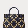 Raffinierte Marineblau/Modern Gold Damen Ralph Lauren Foliendruck Leder Medium Marcy Satchel Taschen