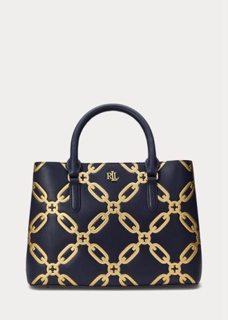 Raffinierte Marineblau/Modern Gold Damen Ralph Lauren Foliendruck Leder Medium Marcy Satchel Taschen