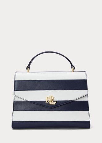 Raffinierte, marineblau/weiß gestreifte Damen-Umhängetaschen aus gestreiftem Leder von Ralph Lauren, mittlere Farrah