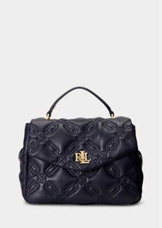 Raffinierte Marineblaue Damen Ralph Lauren Gesteppte Leder Mittelgroße Farrah Satchel Taschen