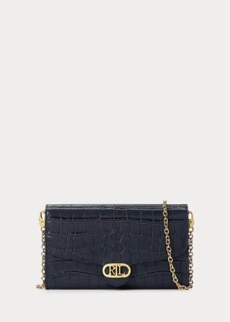 Raffinierte, marineblaue Damen-Umhängetasche „Adair“ aus geprägtem Leder von Ralph Lauren