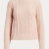 Rosa Ralph Lauren Aran-Strickpullover aus Baumwolle mit U-Boot-Ausschnitt für Damen