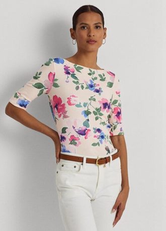 Rosa Ralph Lauren T-Shirts aus Stretch-Baumwolle mit Blumenmuster für Damen