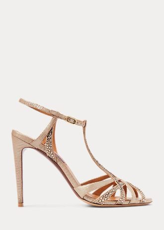 Roségoldfarbene Ralph Lauren Wells Sandalen aus Wildleder und Leder mit Verzierung für Damen