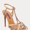 Roségoldfarbene Ralph Lauren Wells Sandalen aus Wildleder und Leder mit Verzierung für Damen