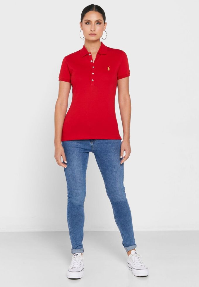 Rote Poloshirts für Damen von Ralph Lauren mit Knopfdetail