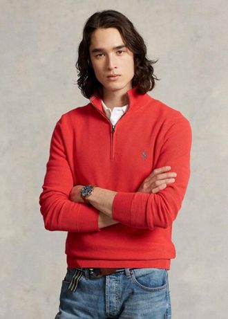 Rote Ralph Lauren Pullover aus Baumwolle mit Viertelreißverschluss und Netzstrick für Herren