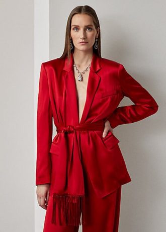 Rote Ralph Lauren Quinton Satinjacken mit Gürtel für Damen