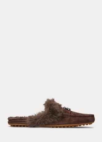 Schokoladenbraune flache Schuhe aus Wildleder mit Kunstpelzbesatz für Damen von Ralph Lauren Savanah