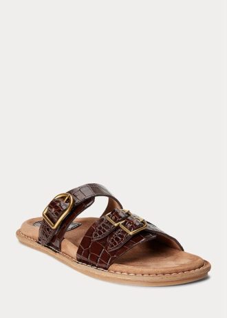 Schokoladenbraune Sandalen aus Leder mit Krokodilprägung von Ralph Lauren Ezra für Damen