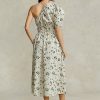 Schwarz / Beige Ralph Lauren Damen Asymmetrisches Kleid aus gerafftem Popeline mit Blumenmuster