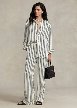 Schwarz / Cremefarbene gestreifte Satinhose mit weitem Bein von Ralph Lauren für Damen