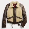 Schwarz / Cremefarbene Ralph Lauren Lederjacken mit Shearling-Einsätzen für Damen