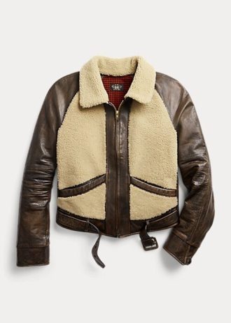 Schwarz / Cremefarbene Ralph Lauren Lederjacken mit Shearling-Einsätzen für Damen