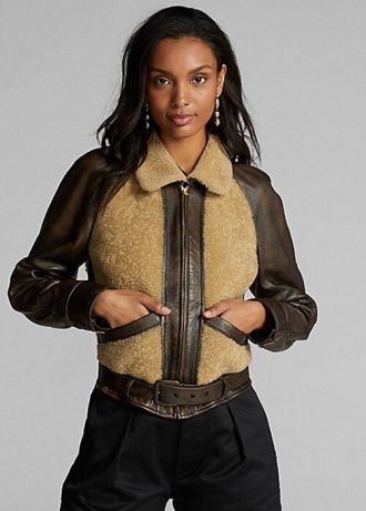 Schwarz / Cremefarbene Ralph Lauren Lederjacken mit Shearling-Einsätzen für Damen