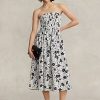Schwarz / Cremefarbenes trägerloses Leinenkleid mit Blumenmuster von Ralph Lauren für Damen