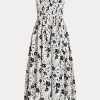 Schwarz / Cremefarbenes trägerloses Leinenkleid mit Blumenmuster von Ralph Lauren für Damen