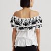 Schwarz / Weiß Damen Ralph Lauren bestickte Jersey Off-the-Shoulder-Tops