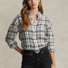 Schwarz / Weiß Damen Ralph Lauren Relaxed Fit Plaid Leinenhemden