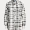 Schwarz / Weiß Damen Ralph Lauren Relaxed Fit Plaid Leinenhemden