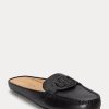 Schwarze Damen Ralph Lauren Brynn Flache Driver-Schuhe aus brüniertem Leder